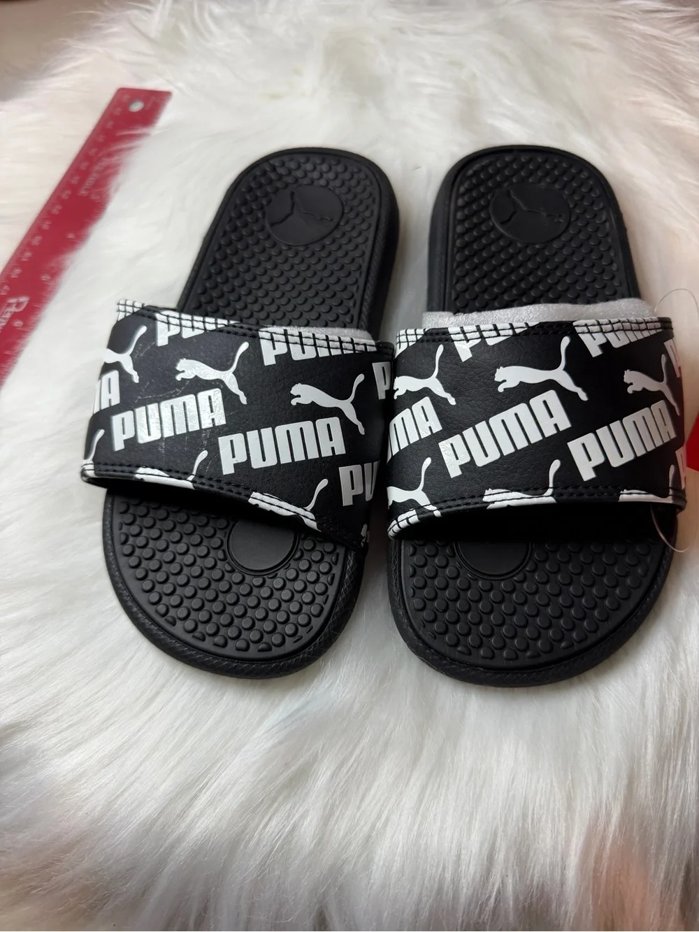 Puma Black and White Kids Slide Sandals with Logo Strap
